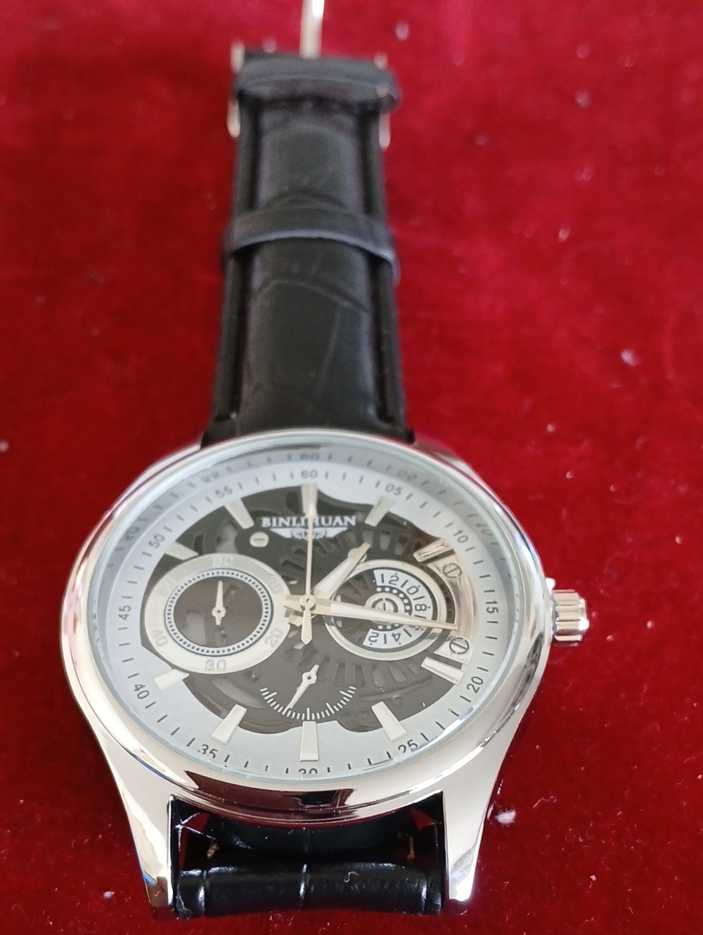 Men's Black Leather Automatic Watch
